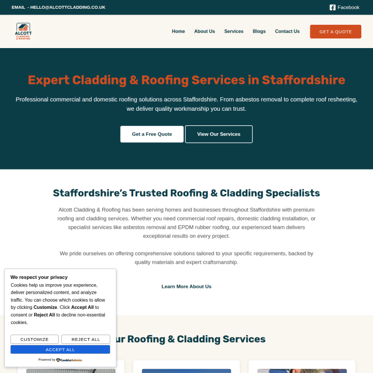 Alcott Cladding & Roofing website by Arrow Development