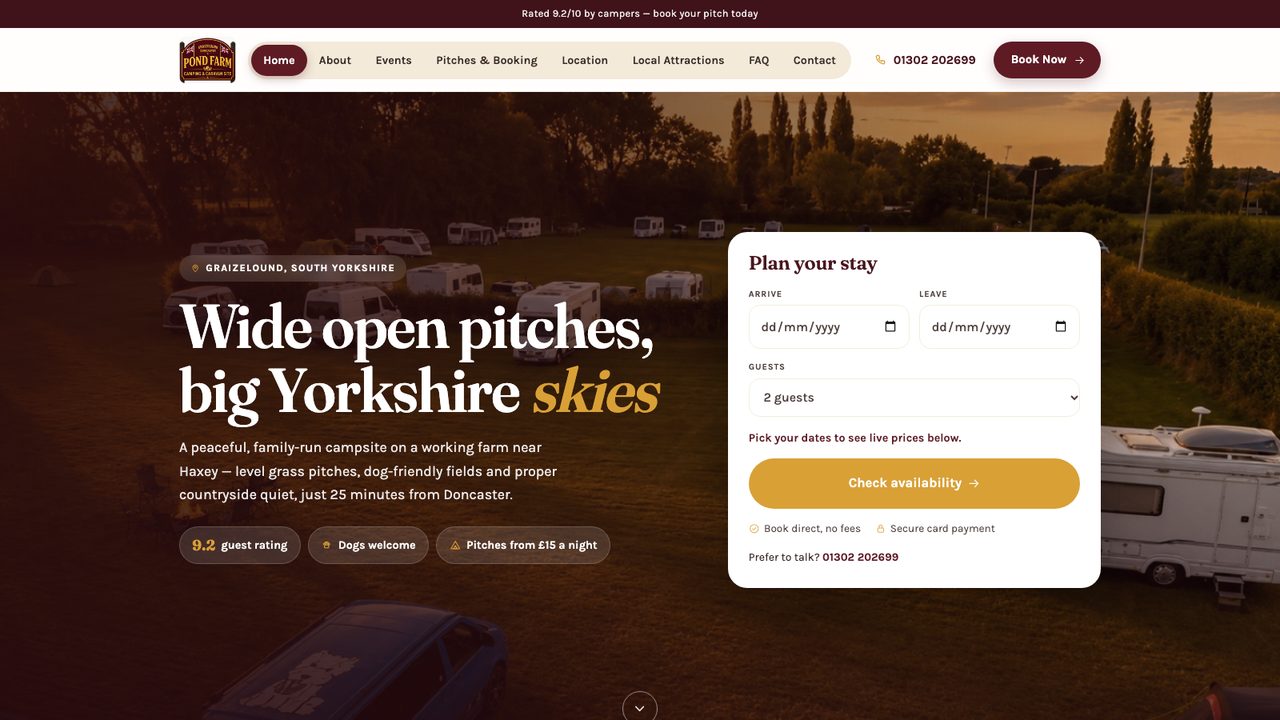 Pond Farm Campsite website by Arrow Development